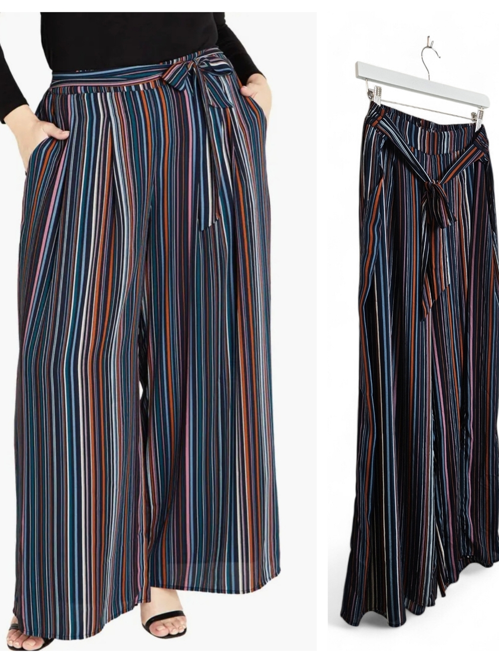 City Chic Illusion Wide Leg Pants Plus 18 Black Sash Elastic Waist